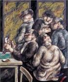 "Hombres", 1988. Óleo/tela, 120x100 cm. Cartel de la Exposición antológica de pinturas de Alfonso Sucasas en Vigo